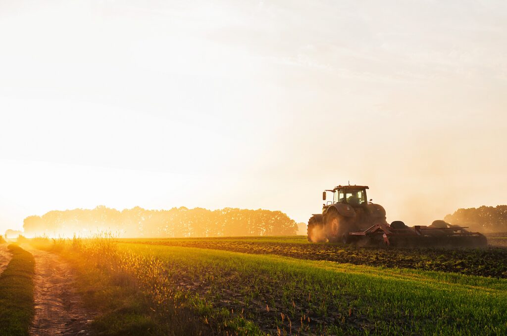 A tractor works a field in early morning light with a tree line visible in the background.