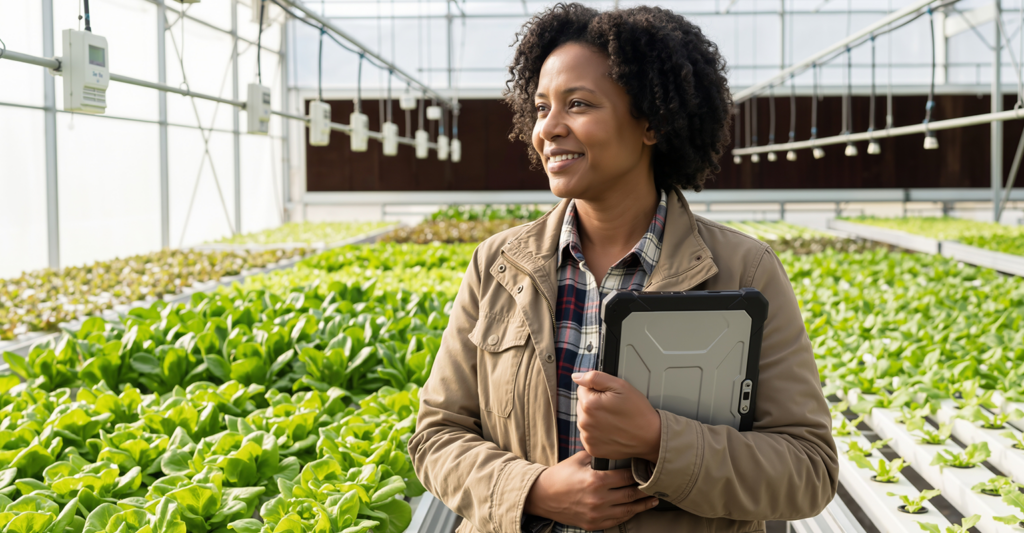 A woman holds a tablet while standing in a greenhouse with rows of leafy green crops growing on either side.