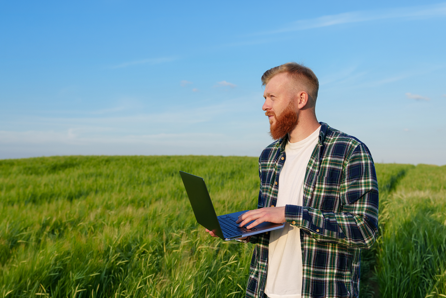 Person using a laptop in a farm field, representing farm business management, financial planning and technology solutions for agricultural operations.