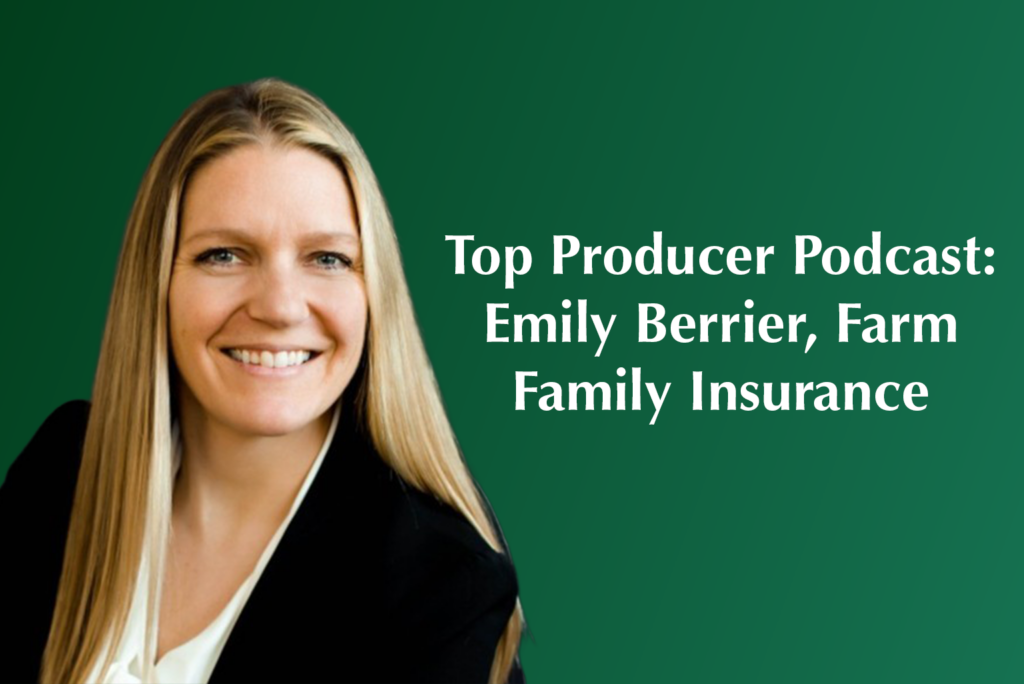 Promotional graphic for a Top Producer Podcast episode featuring Emily Berrier from Farm Family Insurance discussing risk trends affecting farm operations.